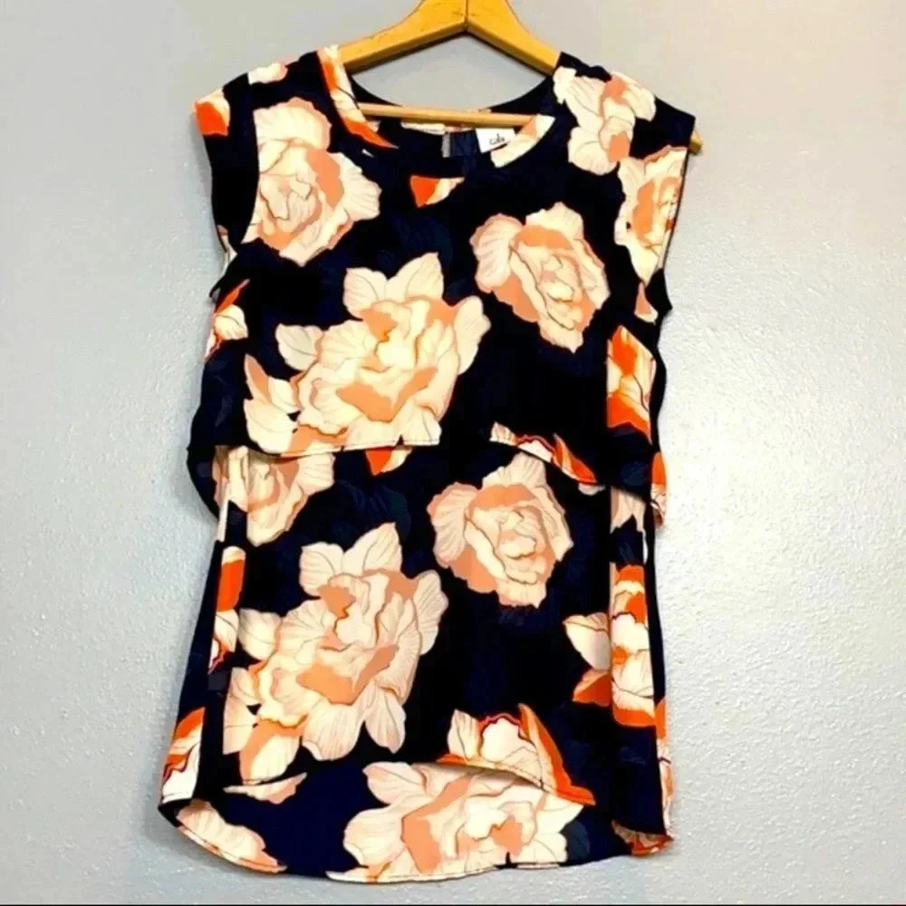CAbi - Bold Floral Navy Orange Blouse XS